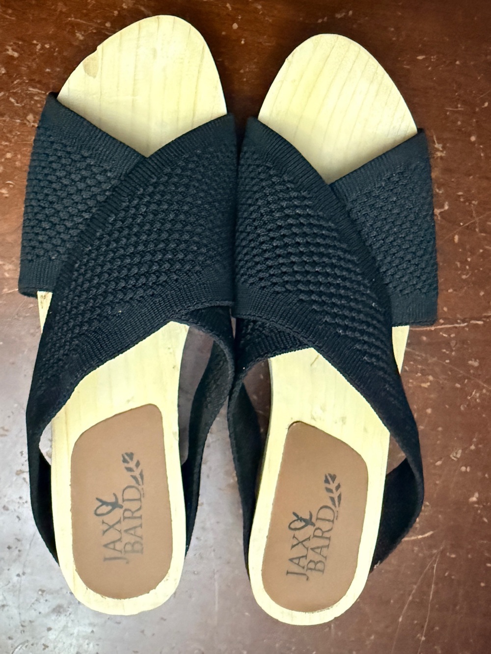Jax and bars black fabric fish net top heel wood open toe new wedge beach 6.5